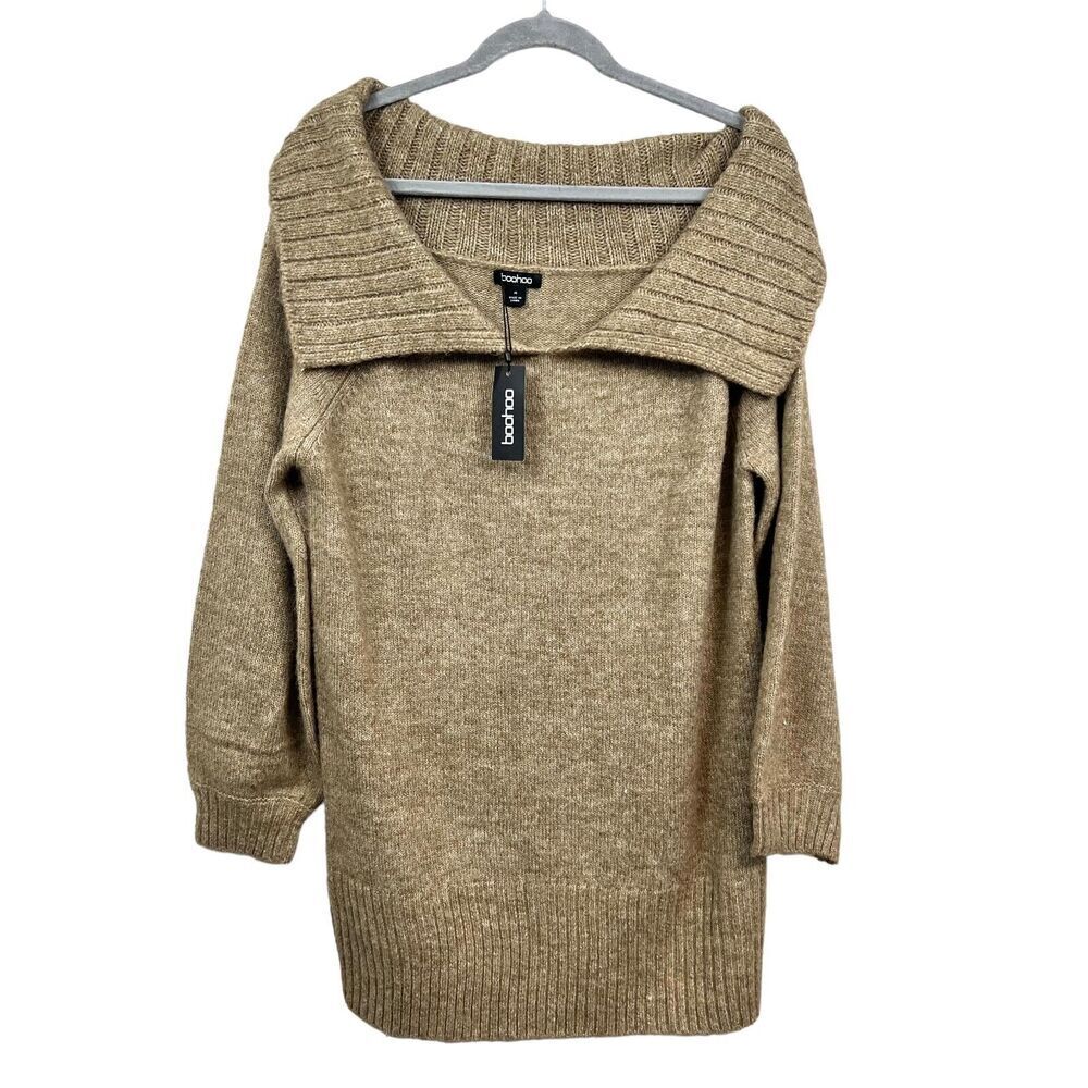 Boohoo Womens Oversize Sweater Wide Shawl Collar Ribbed Hem Tan Sz M*